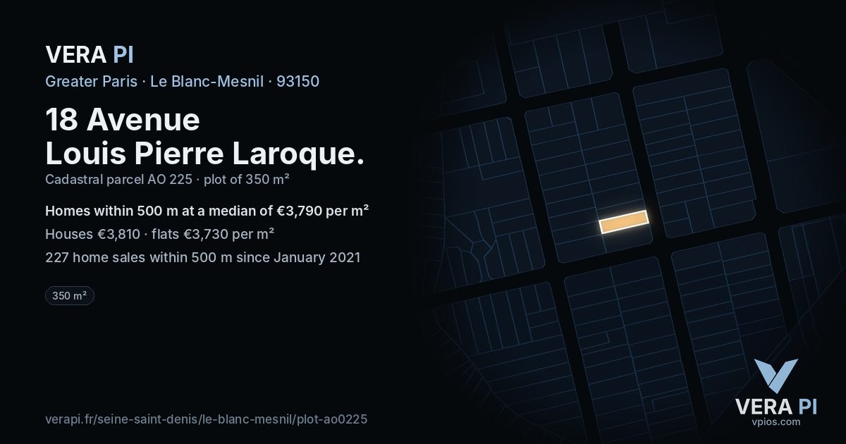 18 Avenue Louis Pierre Laroque, Le Blanc-Mesnil at night – the plot lit, the parcels around coloured by the prices near them