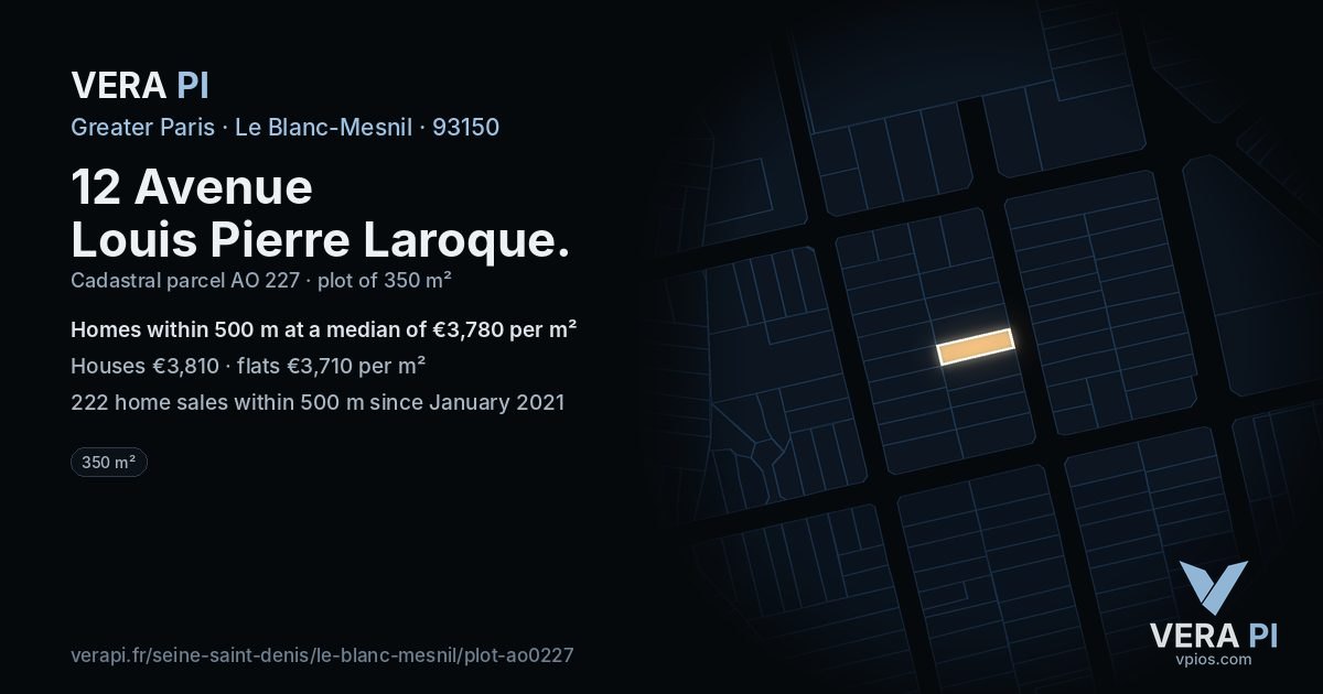 12 Avenue Louis Pierre Laroque, Le Blanc-Mesnil at night – the plot lit, the parcels around coloured by the prices near them