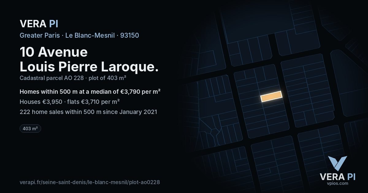 10 Avenue Louis Pierre Laroque, Le Blanc-Mesnil at night – the plot lit, the parcels around coloured by the prices near them