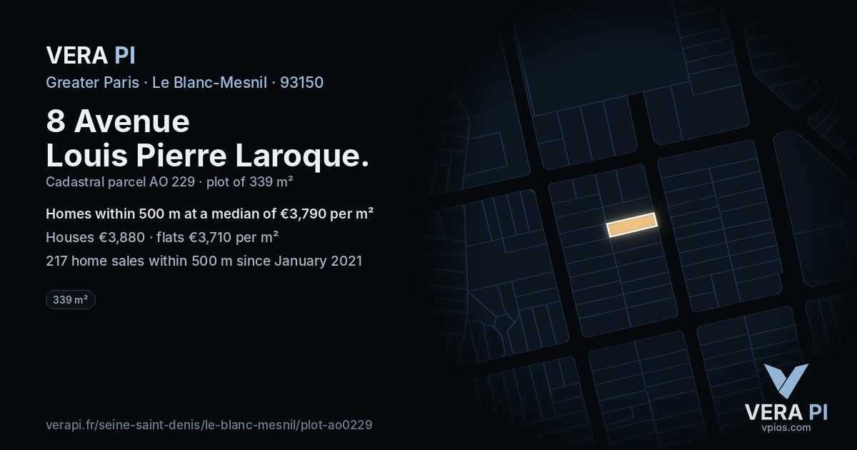 8 Avenue Louis Pierre Laroque, Le Blanc-Mesnil at night – the plot lit, the parcels around coloured by the prices near them