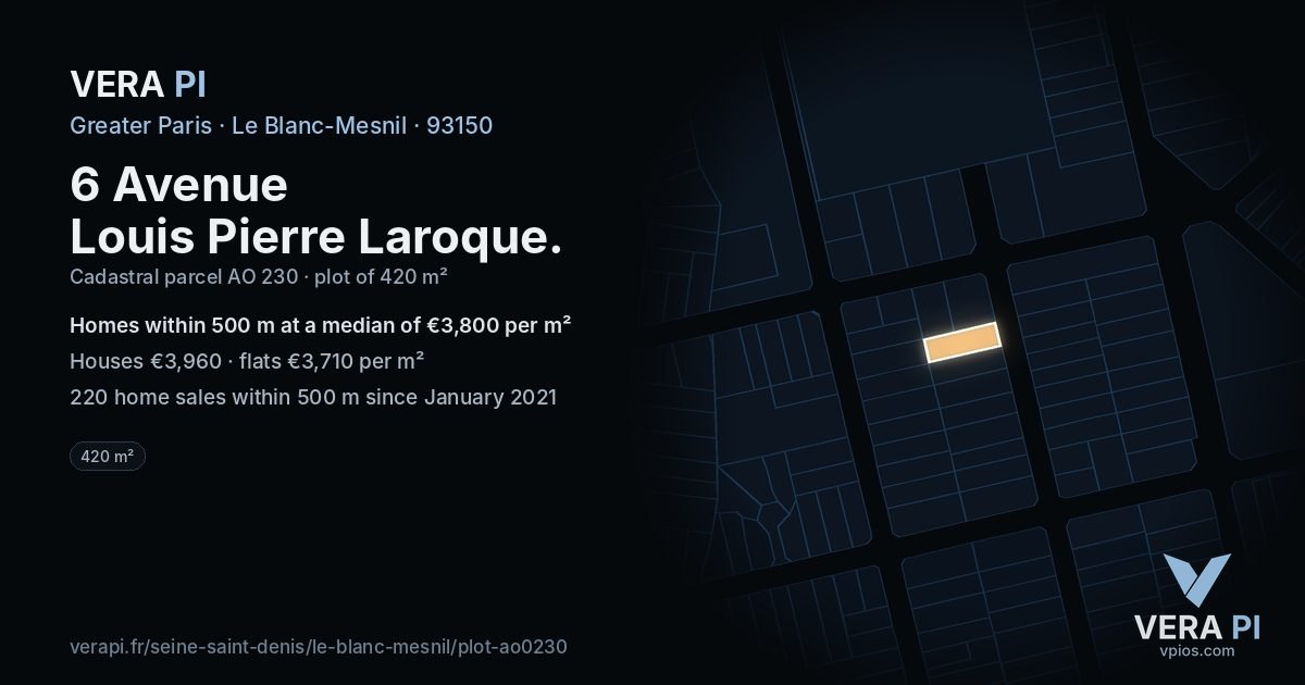 6 Avenue Louis Pierre Laroque, Le Blanc-Mesnil at night – the plot lit, the parcels around coloured by the prices near them