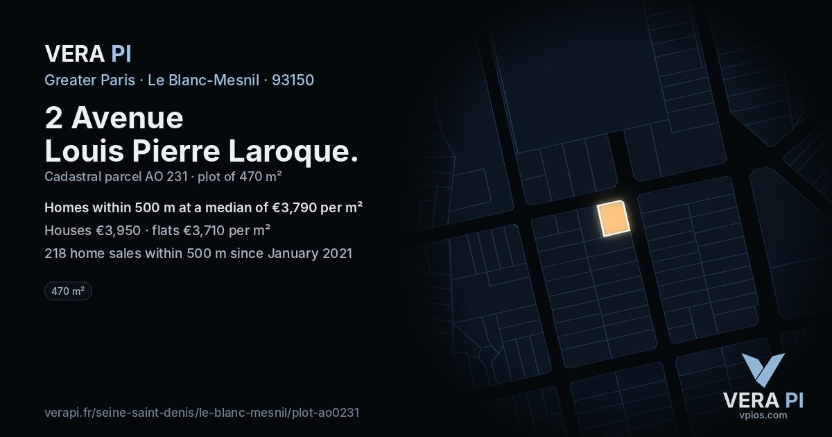 2 Avenue Louis Pierre Laroque, Le Blanc-Mesnil at night – the plot lit, the parcels around coloured by the prices near them