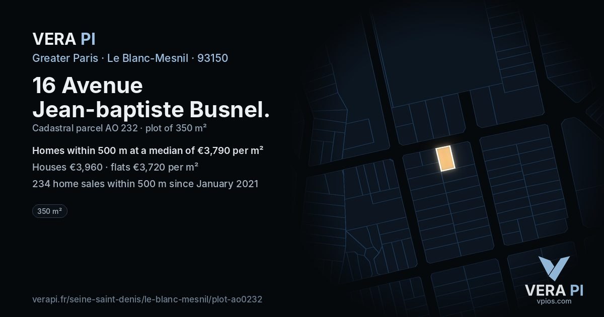 16 Avenue Jean-baptiste Busnel, Le Blanc-Mesnil at night – the plot lit, the parcels around coloured by the prices near them