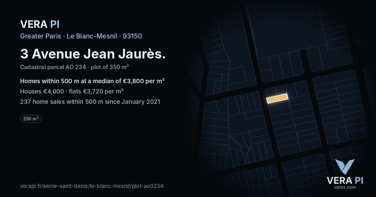 3 Avenue Jean Jaurès, Le Blanc-Mesnil at night – the plot lit, the parcels around coloured by the prices near them