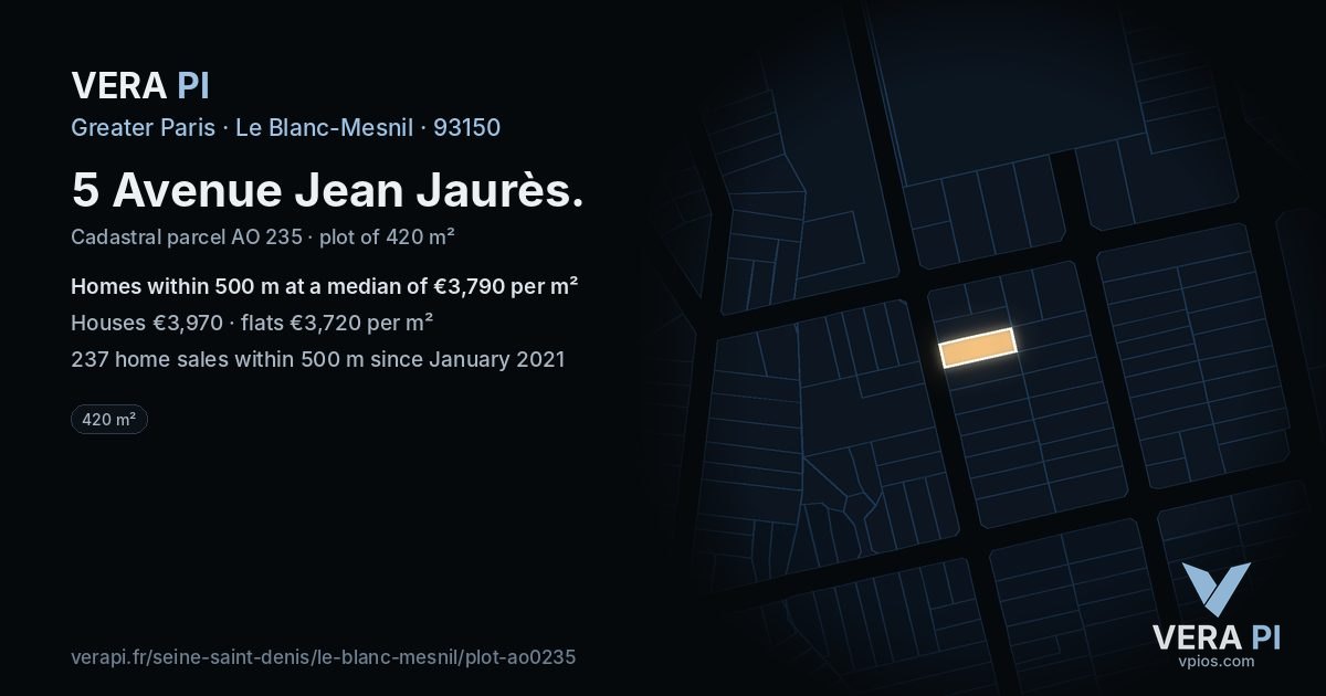 5 Avenue Jean Jaurès, Le Blanc-Mesnil at night – the plot lit, the parcels around coloured by the prices near them