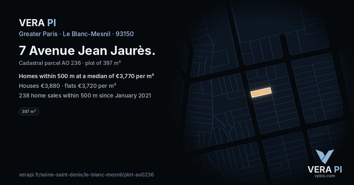 7 Avenue Jean Jaurès, Le Blanc-Mesnil at night – the plot lit, the parcels around coloured by the prices near them
