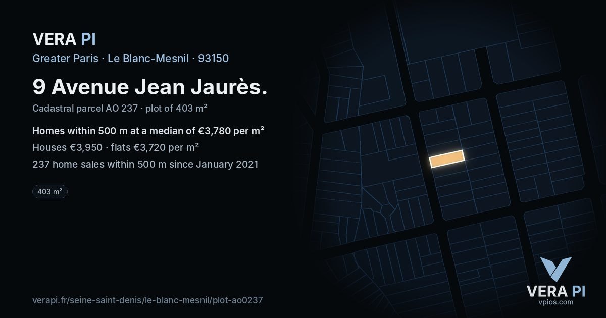 9 Avenue Jean Jaurès, Le Blanc-Mesnil at night – the plot lit, the parcels around coloured by the prices near them