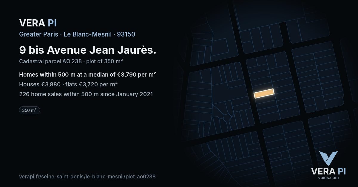 9 bis Avenue Jean Jaurès, Le Blanc-Mesnil at night – the plot lit, the parcels around coloured by the prices near them