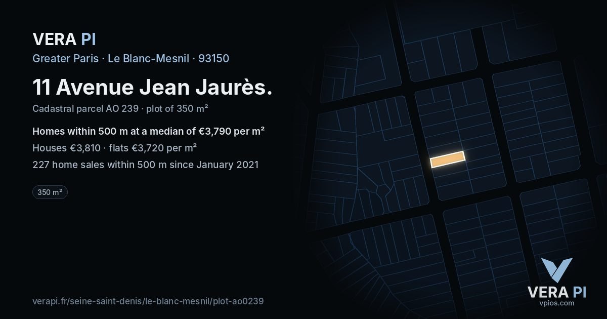 11 Avenue Jean Jaurès, Le Blanc-Mesnil at night – the plot lit, the parcels around coloured by the prices near them