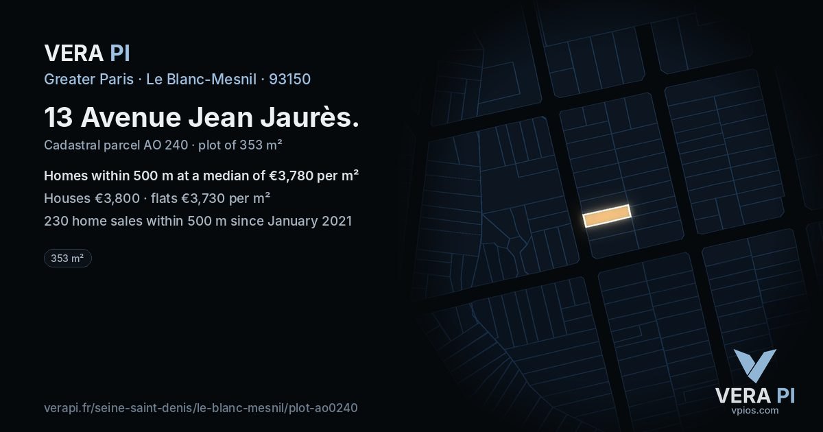 13 Avenue Jean Jaurès, Le Blanc-Mesnil at night – the plot lit, the parcels around coloured by the prices near them