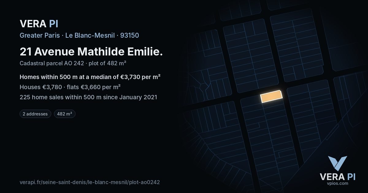 21 Avenue Mathilde Emilie, Le Blanc-Mesnil at night – the plot lit, the parcels around coloured by the prices near them