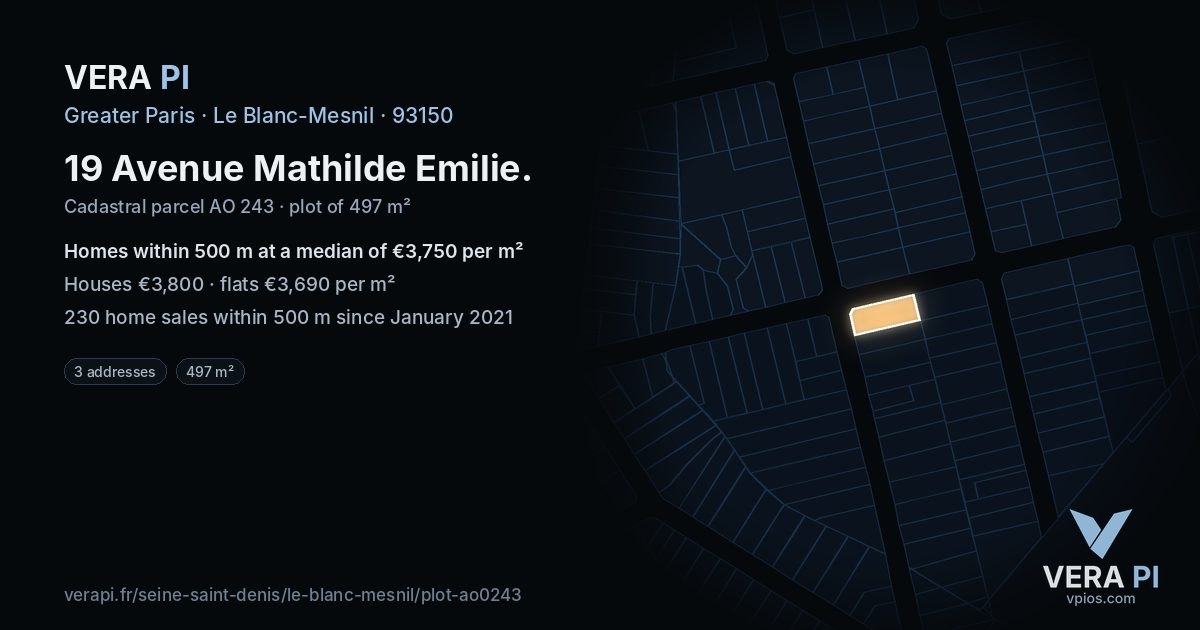19 Avenue Mathilde Emilie, Le Blanc-Mesnil at night – the plot lit, the parcels around coloured by the prices near them