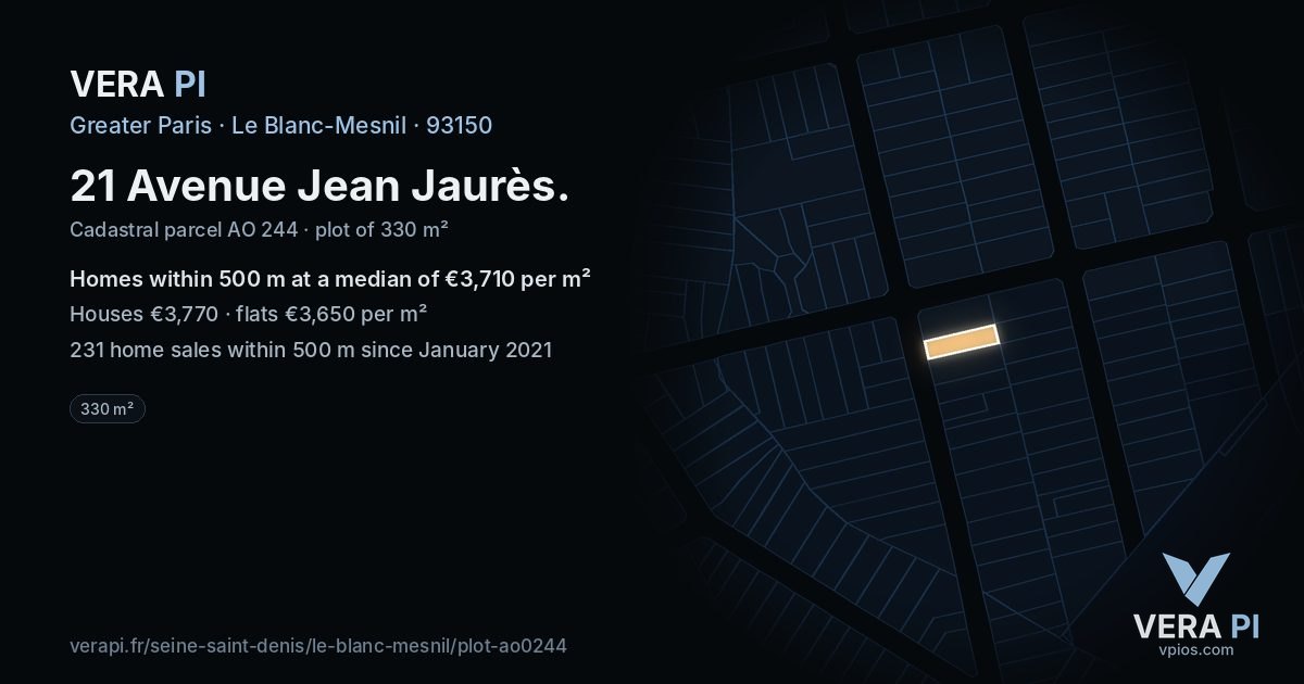 21 Avenue Jean Jaurès, Le Blanc-Mesnil at night – the plot lit, the parcels around coloured by the prices near them