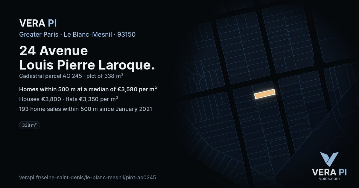 24 Avenue Louis Pierre Laroque, Le Blanc-Mesnil at night – the plot lit, the parcels around coloured by the prices near them