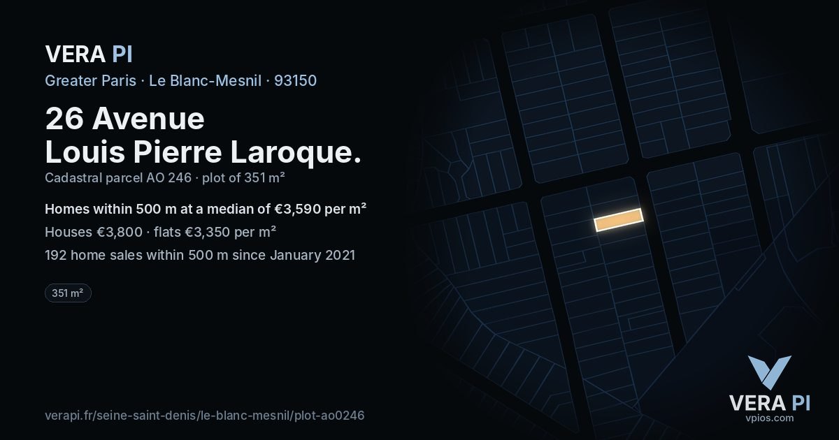26 Avenue Louis Pierre Laroque, Le Blanc-Mesnil at night – the plot lit, the parcels around coloured by the prices near them