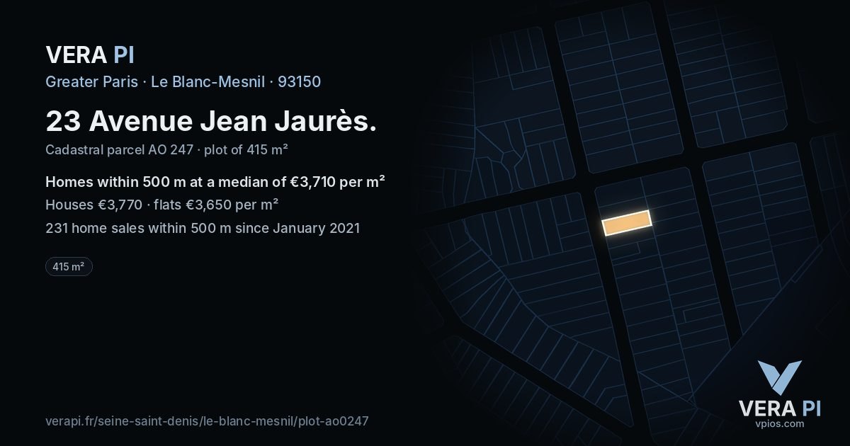 23 Avenue Jean Jaurès, Le Blanc-Mesnil at night – the plot lit, the parcels around coloured by the prices near them
