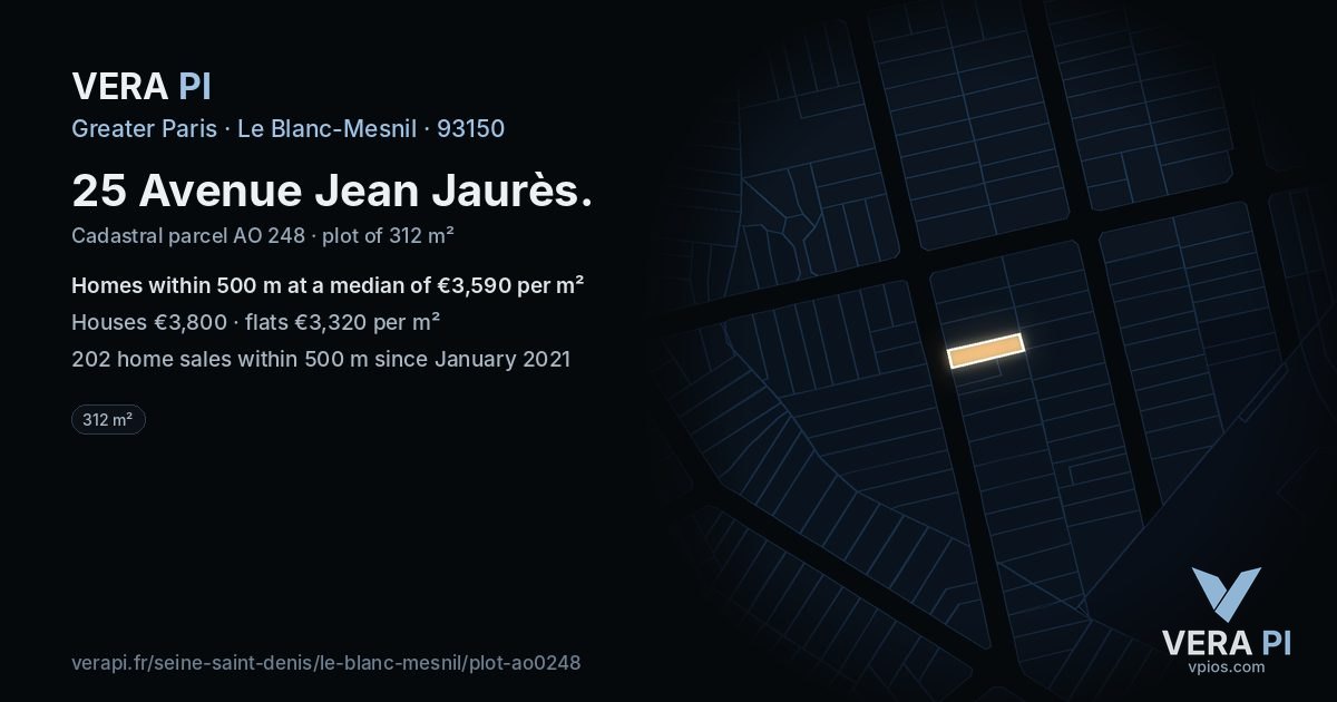 25 Avenue Jean Jaurès, Le Blanc-Mesnil at night – the plot lit, the parcels around coloured by the prices near them