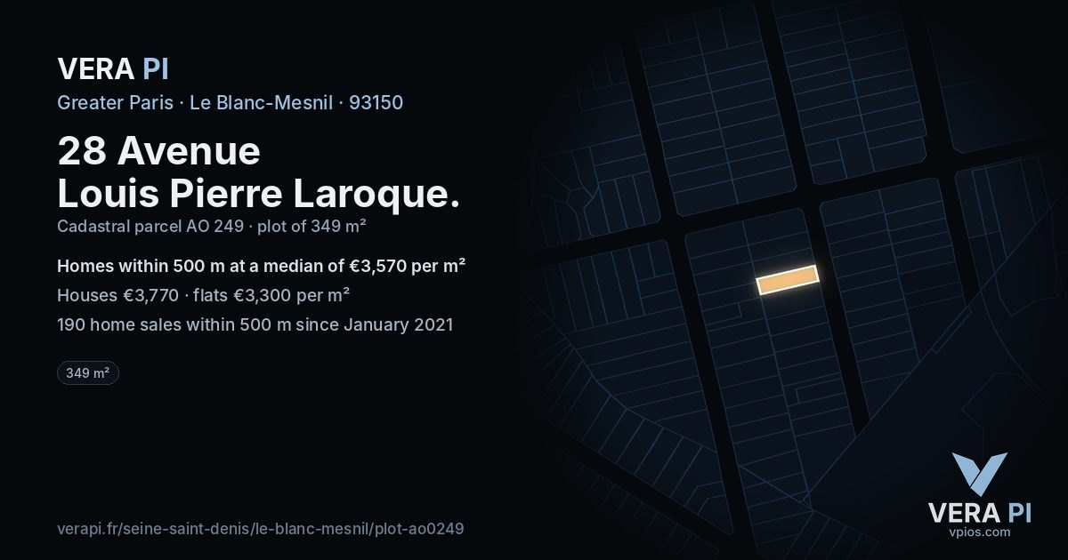 28 Avenue Louis Pierre Laroque, Le Blanc-Mesnil at night – the plot lit, the parcels around coloured by the prices near them
