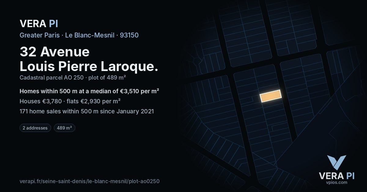 32 Avenue Louis Pierre Laroque, Le Blanc-Mesnil at night – the plot lit, the parcels around coloured by the prices near them