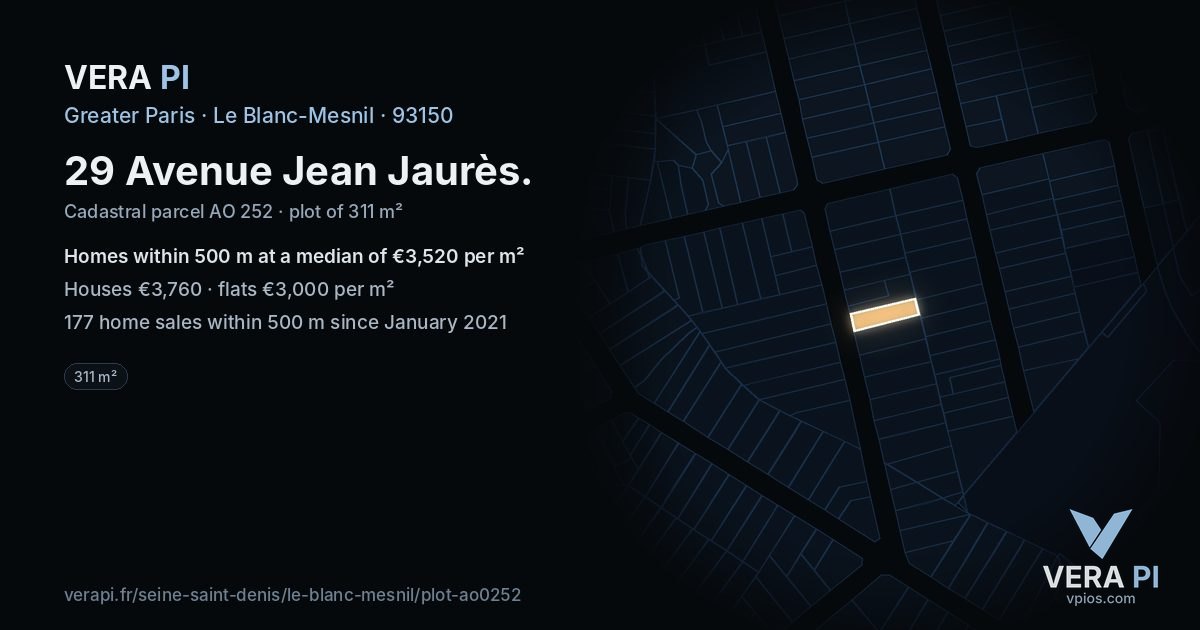 29 Avenue Jean Jaurès, Le Blanc-Mesnil at night – the plot lit, the parcels around coloured by the prices near them