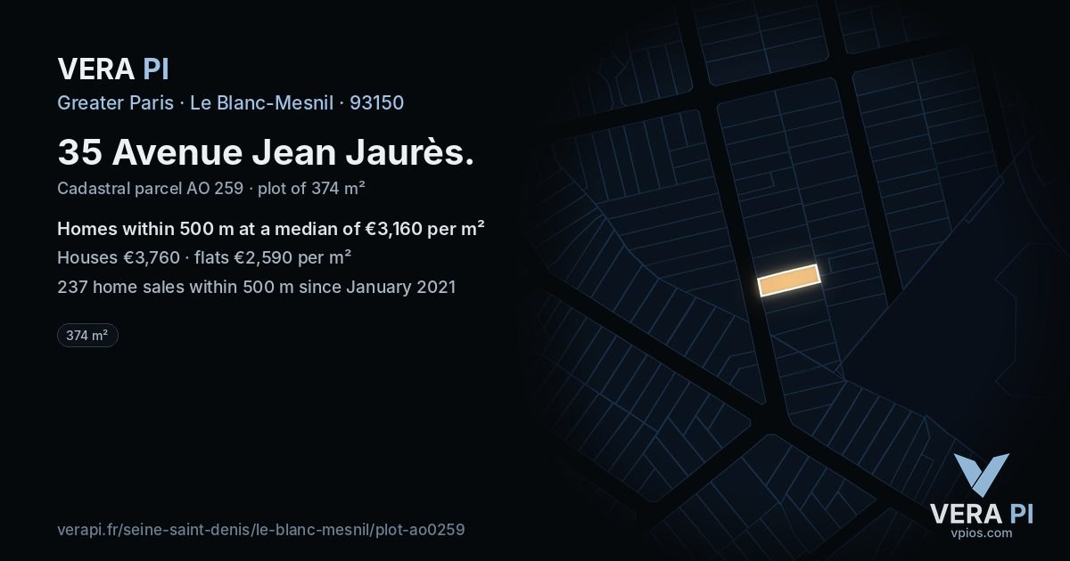 35 Avenue Jean Jaurès, Le Blanc-Mesnil at night – the plot lit, the parcels around coloured by the prices near them