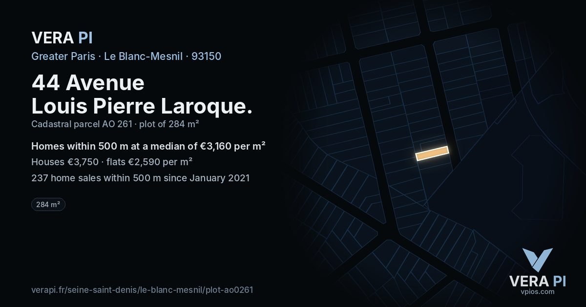 44 Avenue Louis Pierre Laroque, Le Blanc-Mesnil at night – the plot lit, the parcels around coloured by the prices near them
