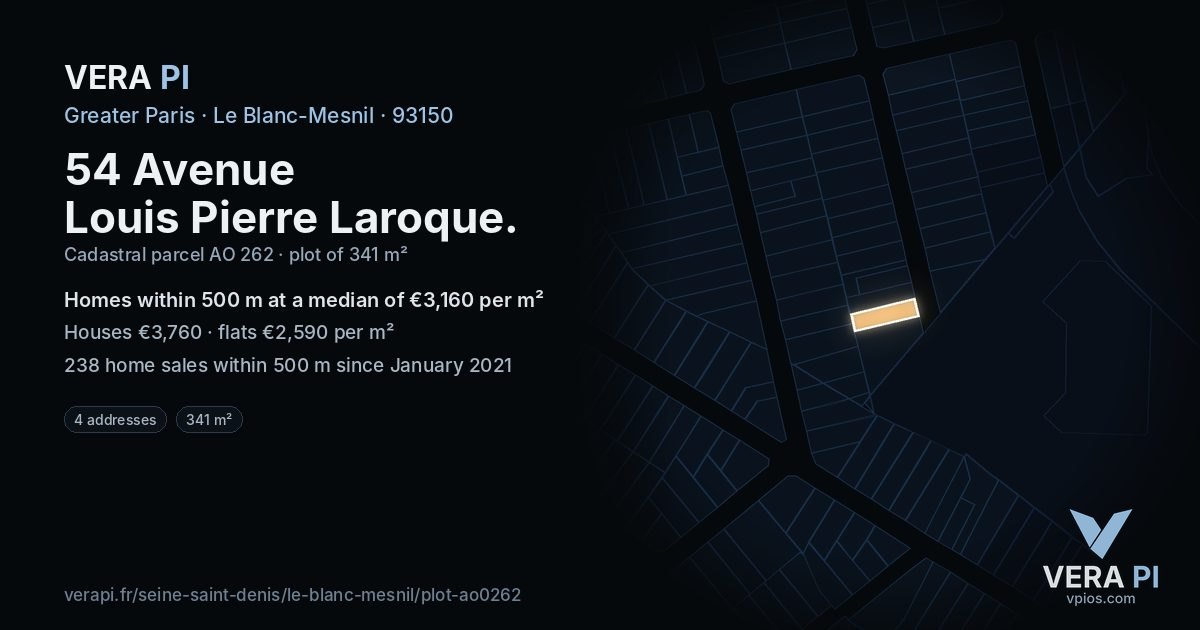 54 Avenue Louis Pierre Laroque, Le Blanc-Mesnil at night – the plot lit, the parcels around coloured by the prices near them