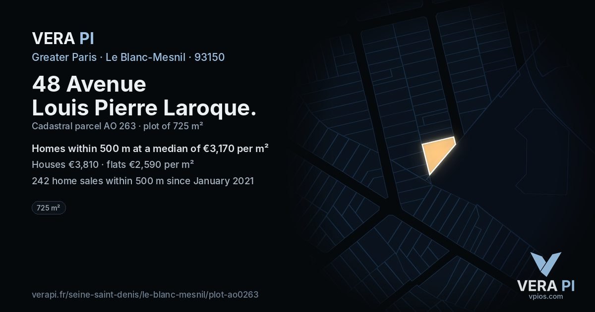 48 Avenue Louis Pierre Laroque, Le Blanc-Mesnil at night – the plot lit, the parcels around coloured by the prices near them