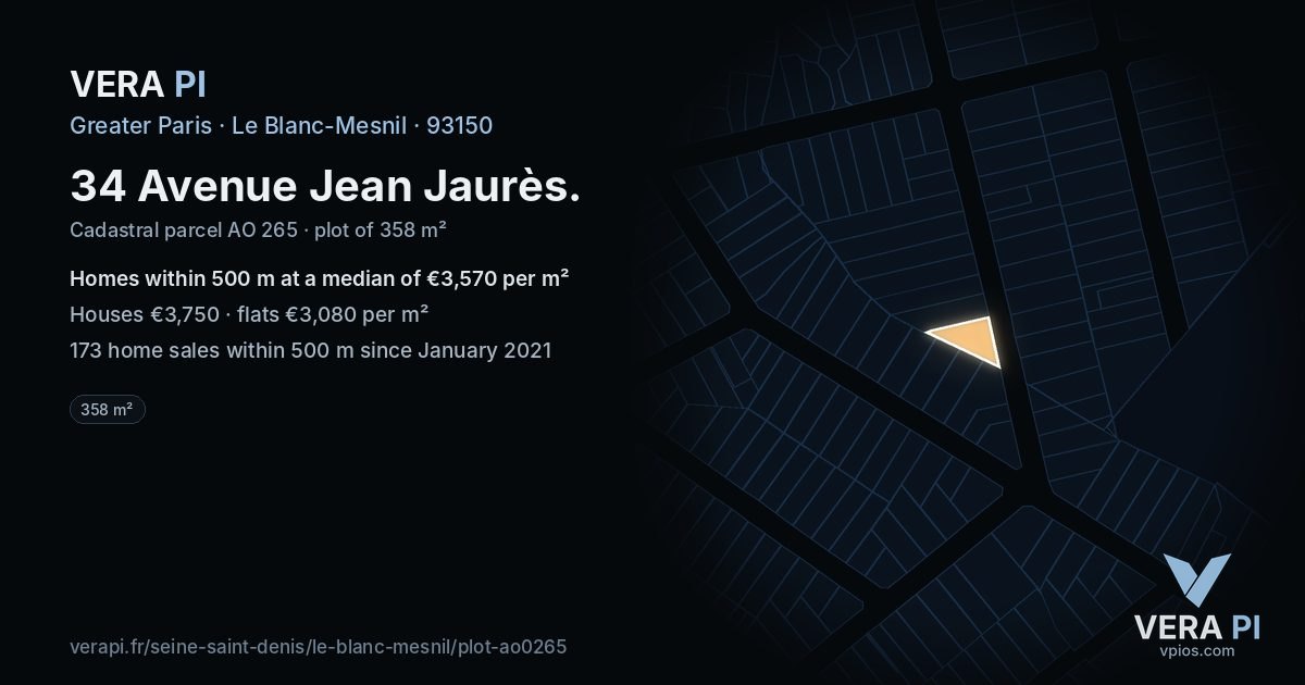 34 Avenue Jean Jaurès, Le Blanc-Mesnil at night – the plot lit, the parcels around coloured by the prices near them