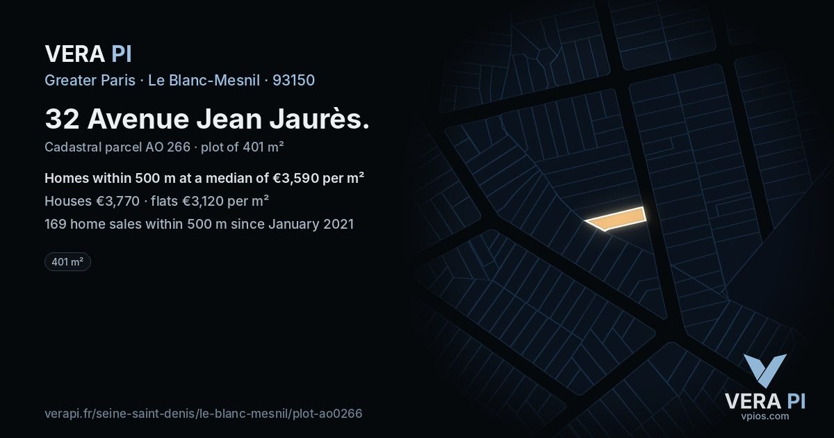 32 Avenue Jean Jaurès, Le Blanc-Mesnil at night – the plot lit, the parcels around coloured by the prices near them