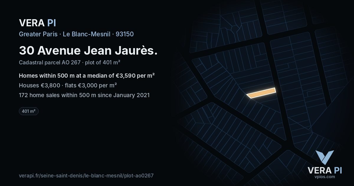 30 Avenue Jean Jaurès, Le Blanc-Mesnil at night – the plot lit, the parcels around coloured by the prices near them