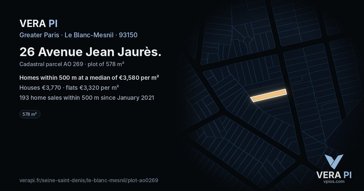 26 Avenue Jean Jaurès, Le Blanc-Mesnil at night – the plot lit, the parcels around coloured by the prices near them