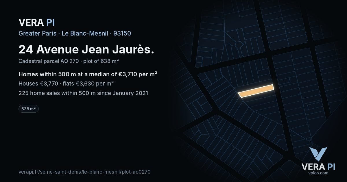 24 Avenue Jean Jaurès, Le Blanc-Mesnil at night – the plot lit, the parcels around coloured by the prices near them