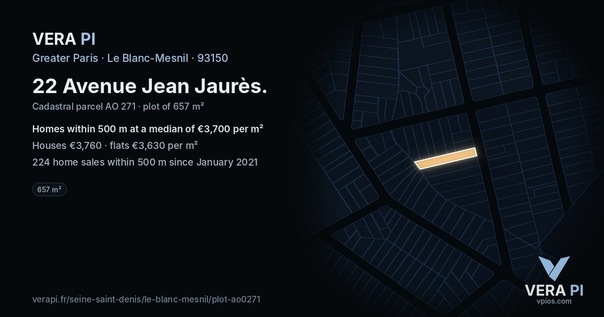 22 Avenue Jean Jaurès, Le Blanc-Mesnil at night – the plot lit, the parcels around coloured by the prices near them