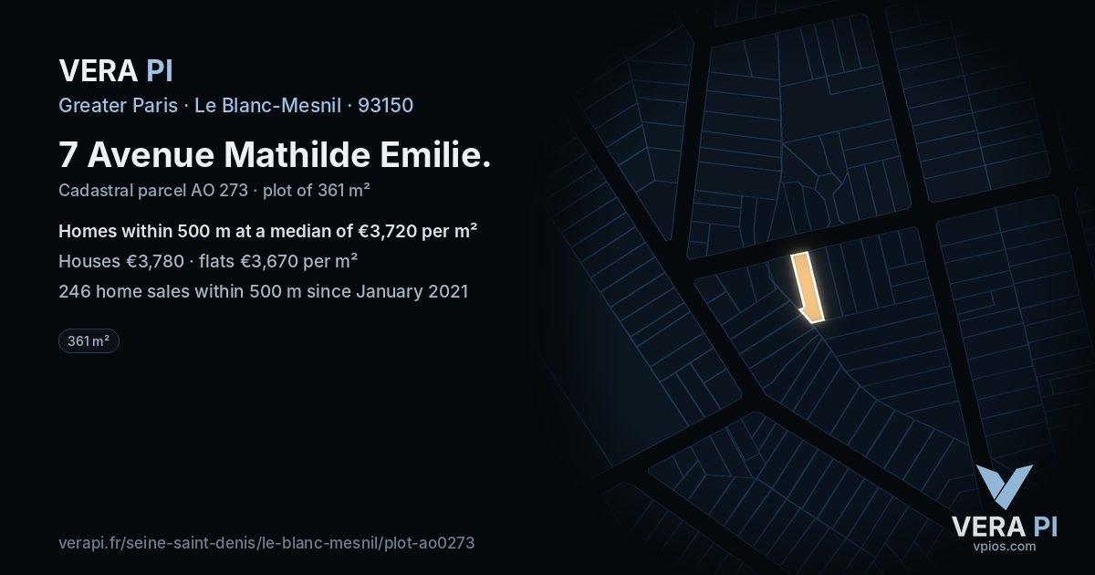 7 Avenue Mathilde Emilie, Le Blanc-Mesnil at night – the plot lit, the parcels around coloured by the prices near them