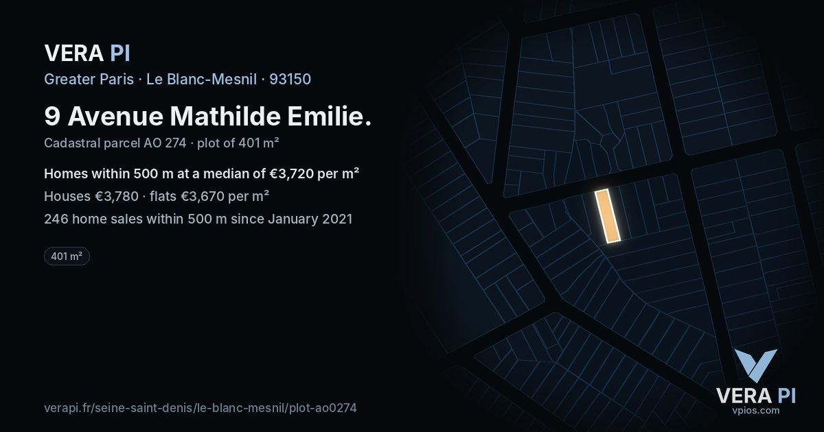9 Avenue Mathilde Emilie, Le Blanc-Mesnil at night – the plot lit, the parcels around coloured by the prices near them