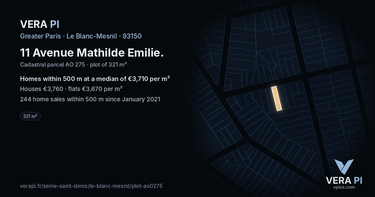 11 Avenue Mathilde Emilie, Le Blanc-Mesnil at night – the plot lit, the parcels around coloured by the prices near them