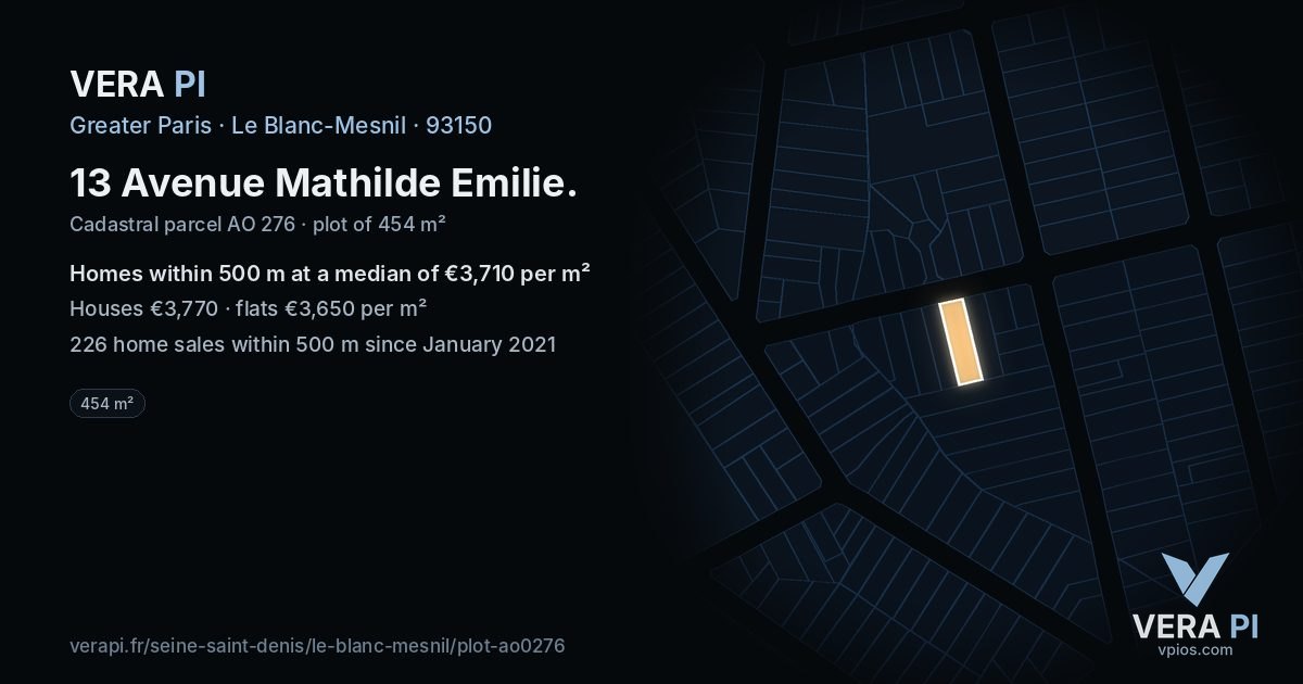 13 Avenue Mathilde Emilie, Le Blanc-Mesnil at night – the plot lit, the parcels around coloured by the prices near them