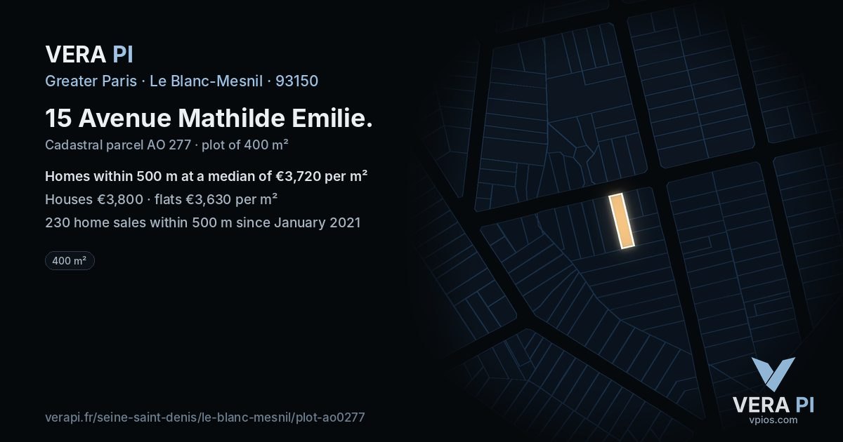 15 Avenue Mathilde Emilie, Le Blanc-Mesnil at night – the plot lit, the parcels around coloured by the prices near them