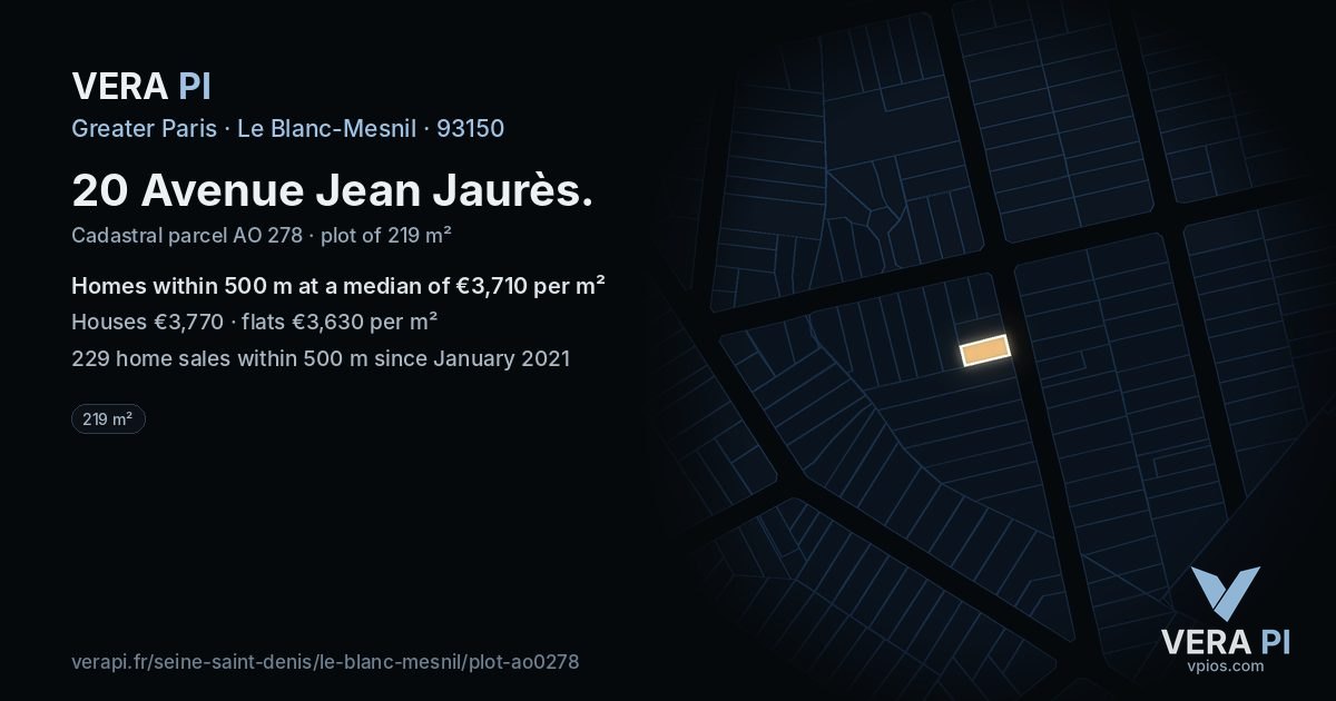 20 Avenue Jean Jaurès, Le Blanc-Mesnil at night – the plot lit, the parcels around coloured by the prices near them