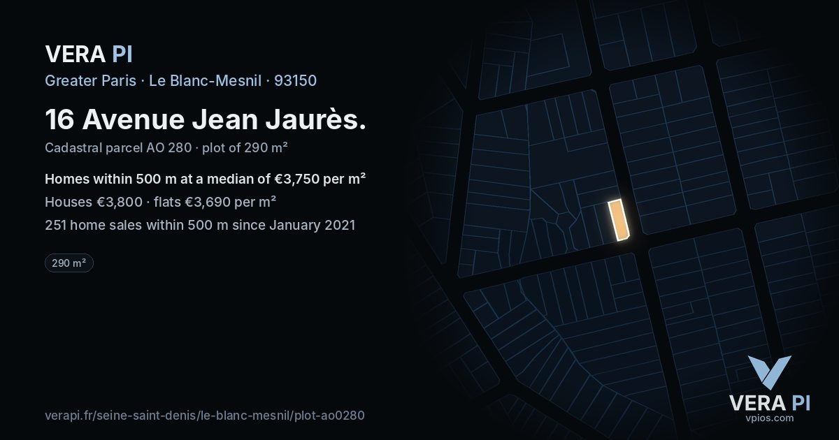16 Avenue Jean Jaurès, Le Blanc-Mesnil at night – the plot lit, the parcels around coloured by the prices near them