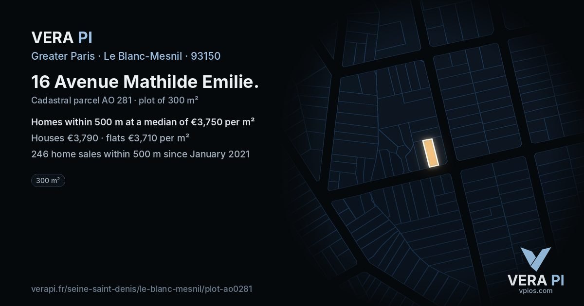 16 Avenue Mathilde Emilie, Le Blanc-Mesnil at night – the plot lit, the parcels around coloured by the prices near them