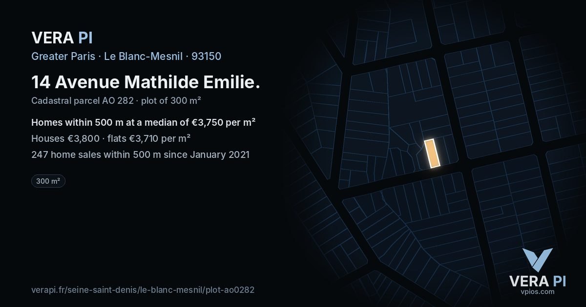 14 Avenue Mathilde Emilie, Le Blanc-Mesnil at night – the plot lit, the parcels around coloured by the prices near them
