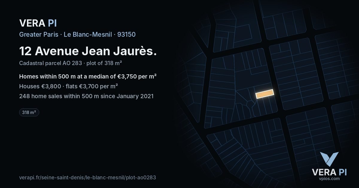 12 Avenue Jean Jaurès, Le Blanc-Mesnil at night – the plot lit, the parcels around coloured by the prices near them