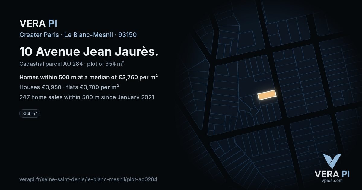 10 Avenue Jean Jaurès, Le Blanc-Mesnil at night – the plot lit, the parcels around coloured by the prices near them