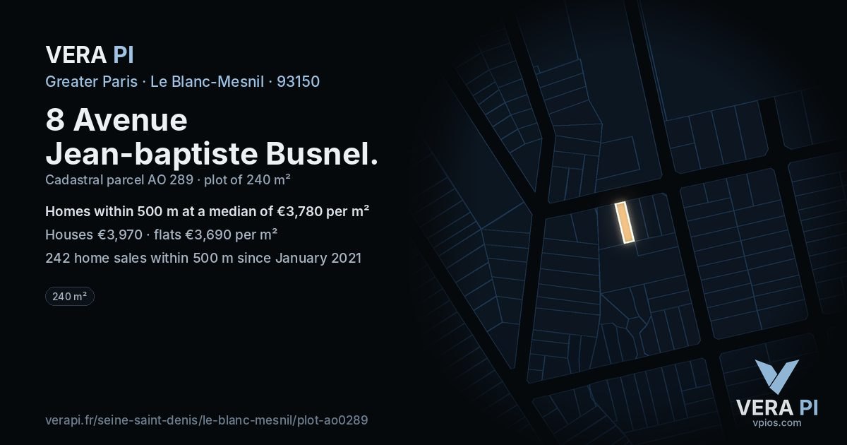 8 Avenue Jean-baptiste Busnel, Le Blanc-Mesnil at night – the plot lit, the parcels around coloured by the prices near them