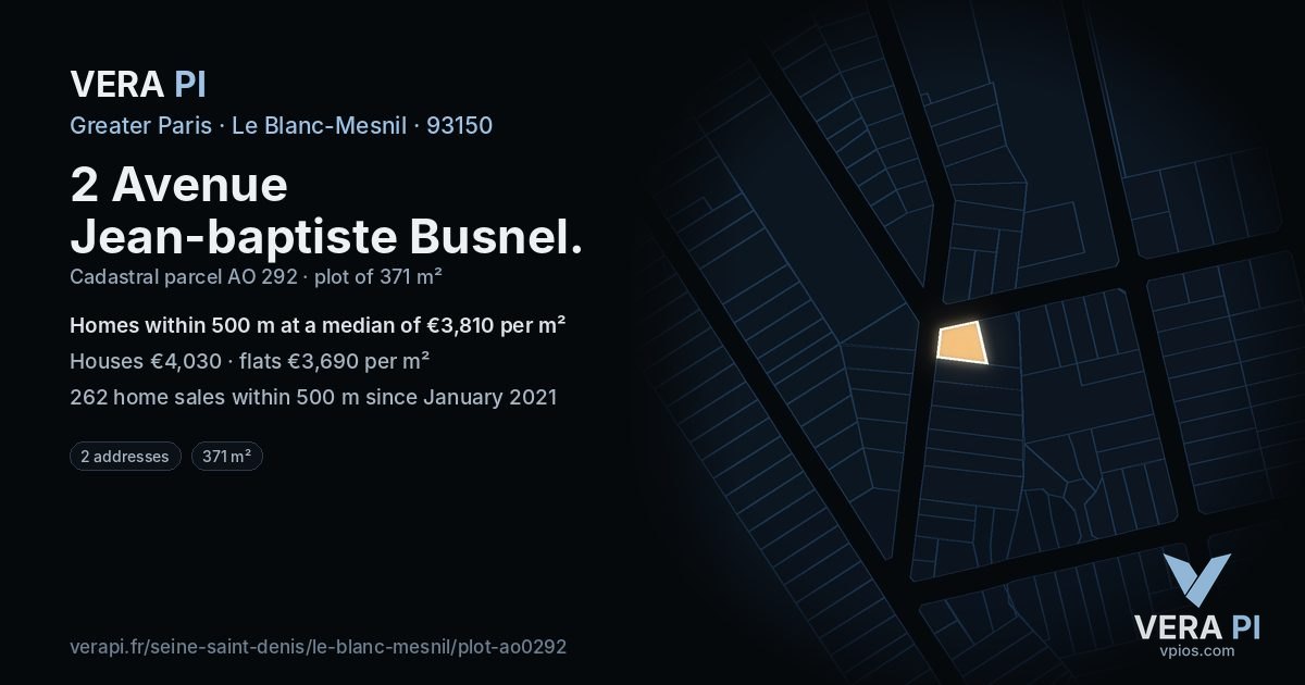 2 Avenue Jean-baptiste Busnel, Le Blanc-Mesnil at night – the plot lit, the parcels around coloured by the prices near them