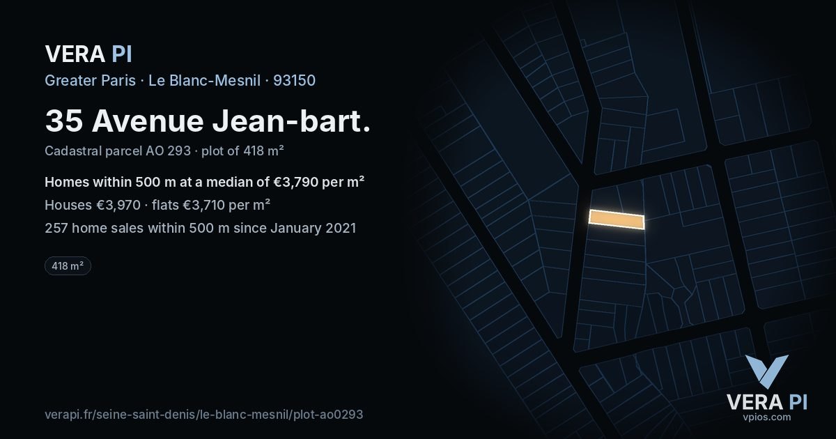 35 Avenue Jean-bart, Le Blanc-Mesnil at night – the plot lit, the parcels around coloured by the prices near them