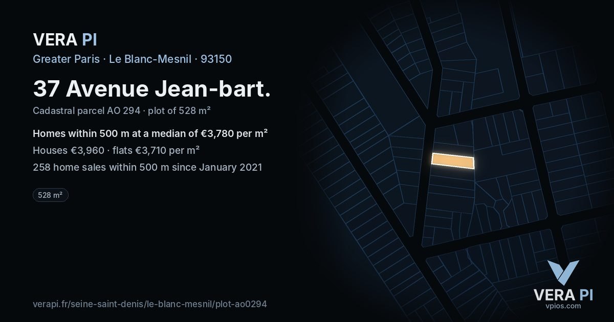 37 Avenue Jean-bart, Le Blanc-Mesnil at night – the plot lit, the parcels around coloured by the prices near them