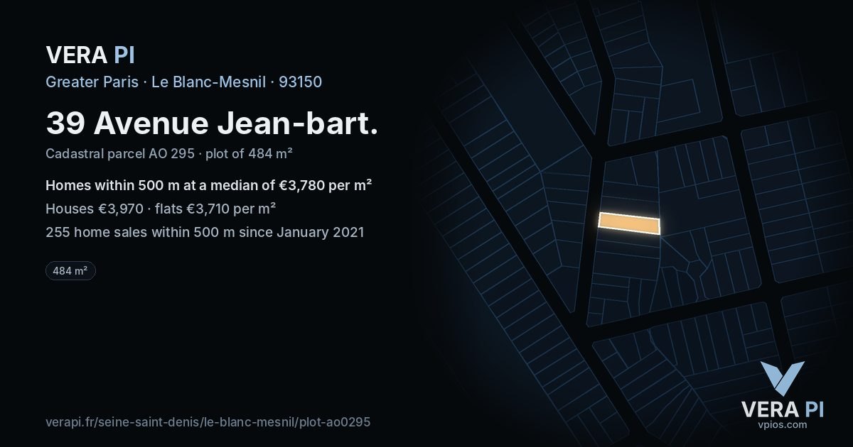 39 Avenue Jean-bart, Le Blanc-Mesnil at night – the plot lit, the parcels around coloured by the prices near them